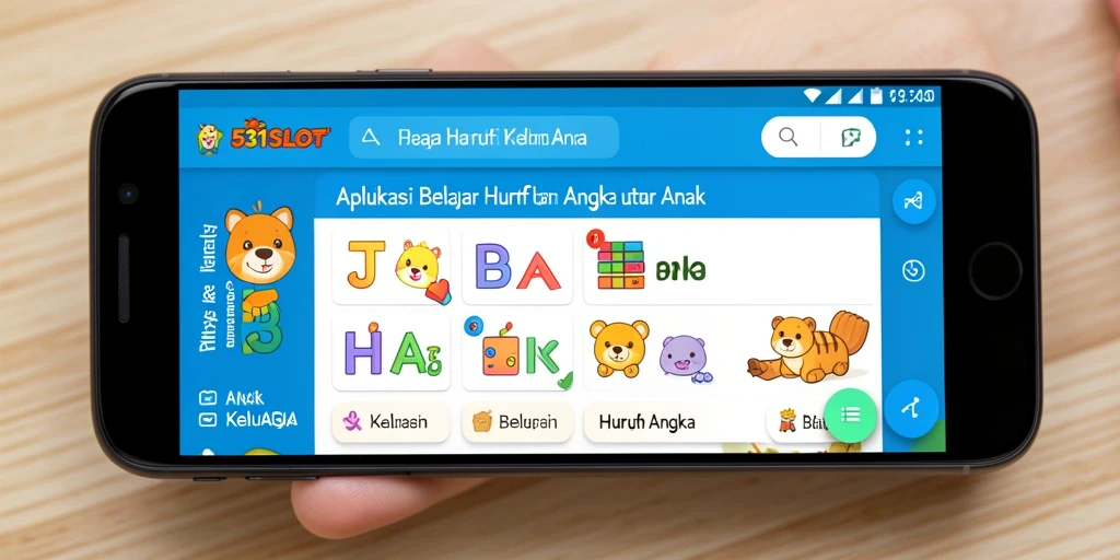 Antarmuka aplikasi 531SLOT untuk belajar huruf dan angka yang ceria.