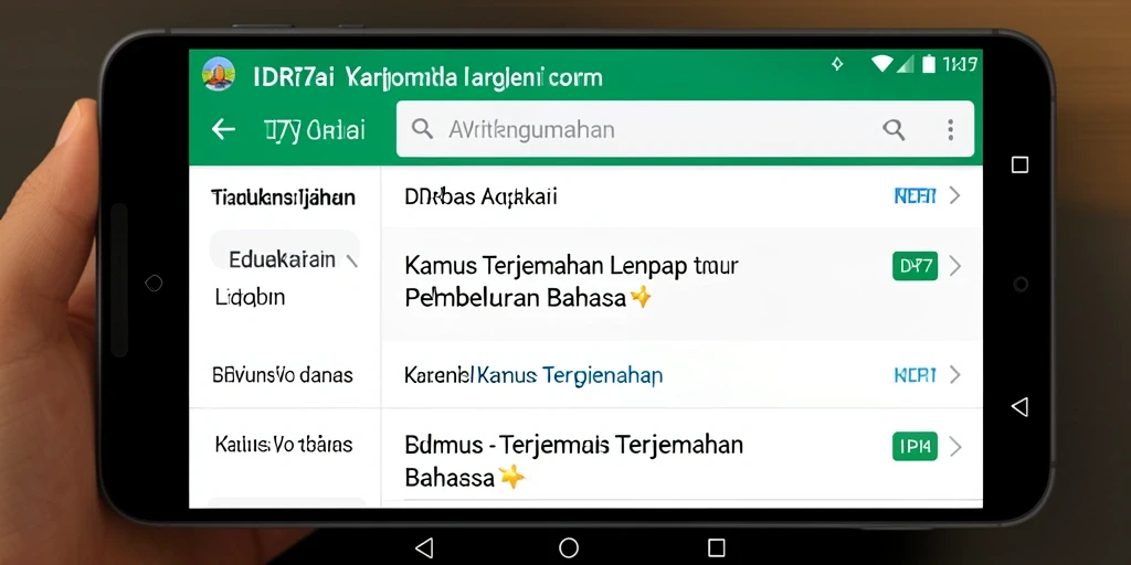 Antarmuka pengguna aplikasi Kamus Terjemahan IDR77 yang intuitif.