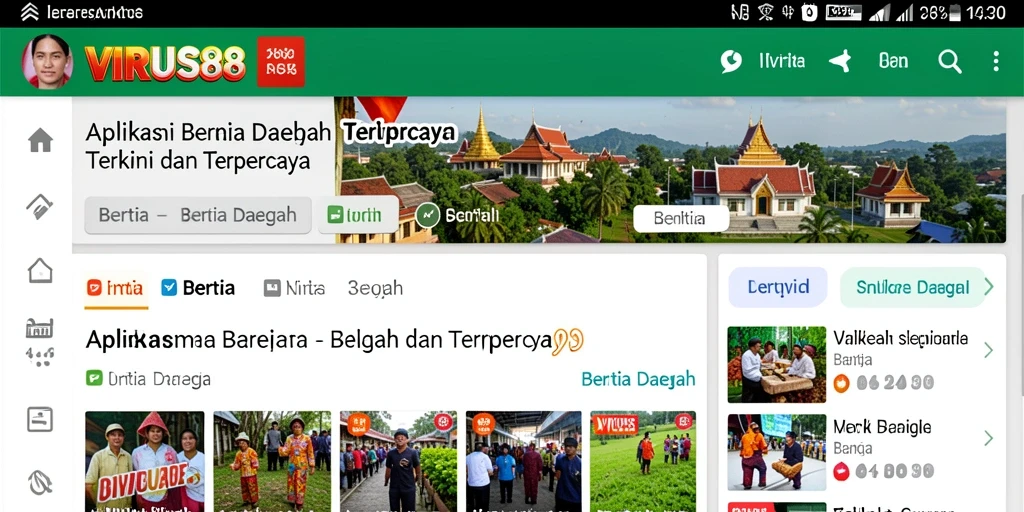 Antarmuka aplikasi VIRUS88 menampilkan berita daerah dengan jelas.